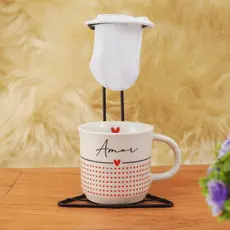Jogo Xícara Caneca Café Chá Ágata Porcelana 200ml Faixa Amor + Mini Suporte Coador