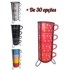 Kit Jogo 4  Xícaras Canecas Porcelana Empilhável Decoradas Café Chá presente + Suporte Metal