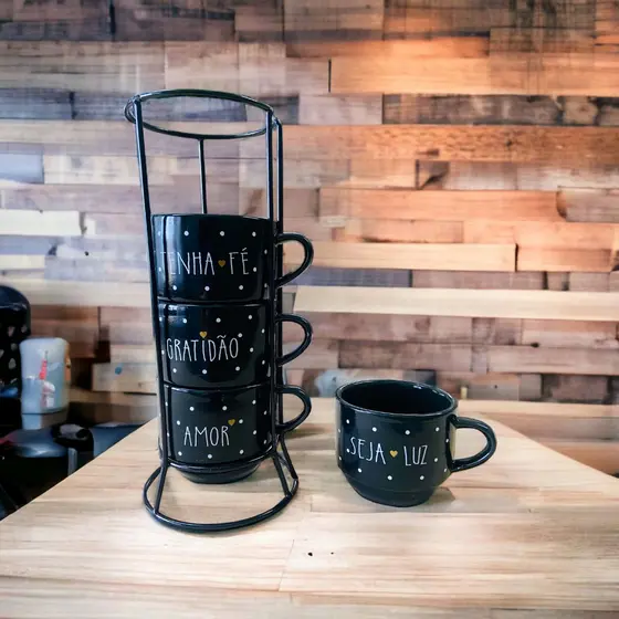 Jogo De Xícaras Café Chá Preta Com Suporte Kit 4 Canecas Poá