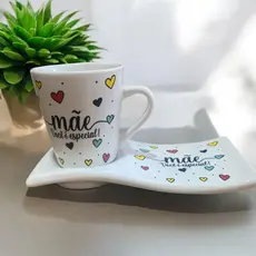 Kit Caneca Xícara Porcelana 120ml  + Pires Ondulado Mãe Vc é Especial