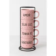 Jogo 4 Xícaras Rosa Poá Porcelana 200ml com Suporte | Gratidão Amor Fé Café Chá Presente