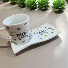 Kit Caneca Xícara Porcelana 120ml + Pires Ondulado Mãe Eu te Amo