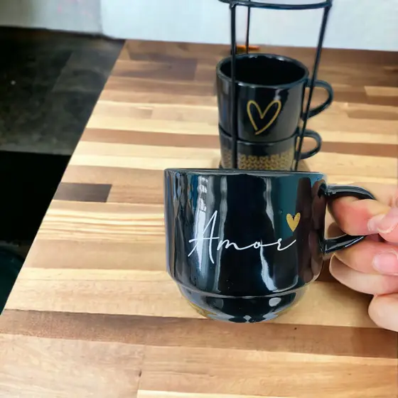 Jogo de Xícaras Café Chá Preta Spot + Suporte de Metal Grátis