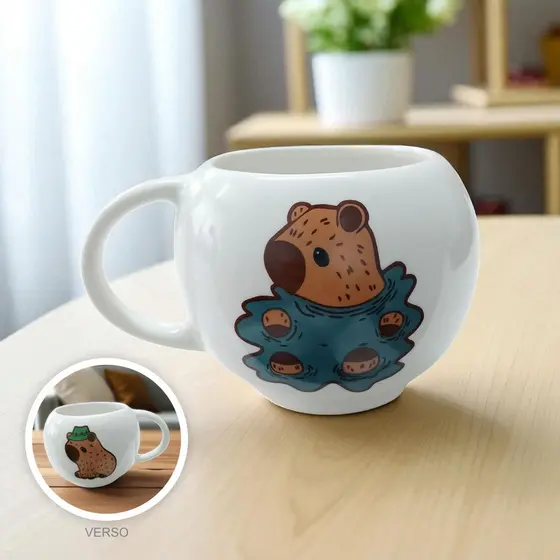 Caneca Bola Porcelana 430ml Capivara Fofa – Café, Chá e Presente Criativo