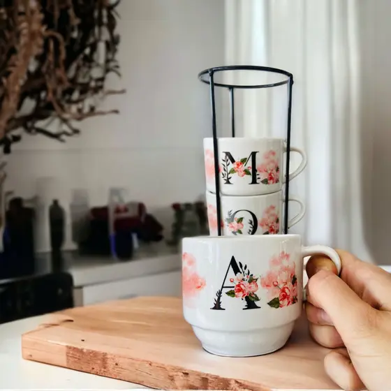 Jogo De Xícaras Café Chá Branca Com Suporte Kit 4 Flor