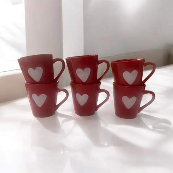 Jogo Kit 6 Canecas Xicaras Café Porcelana 120ml Coração Relevo vermelho