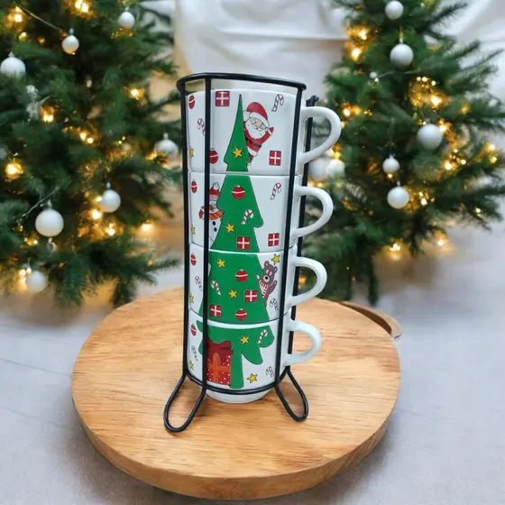 Jogo De 4 Xicaras Café Chá Porcelana Arvore de Natal Com Suporte de Metal