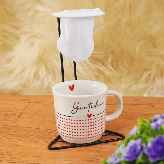 Jogo Xícara Caneca Café Chá Ágata Porcelana 200ml Faixa Gratidão + Mini Suporte Coador