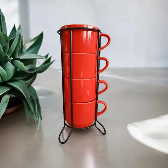 Jogo De 4 Xicaras Café Chá Porcelana vermelho lisa Com Suporte de Metal