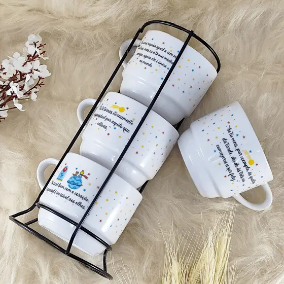 Kit 4 Xícaras Porcelana Pequeno Príncipe Branca Frases 210ml e Suporte