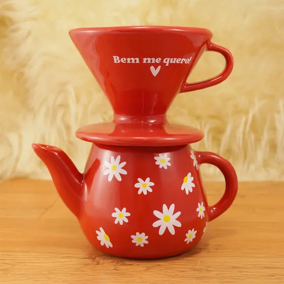 Kit Bule com Coador Filtro de Porcelana Café Chá – Vermelho Bem me quero Margaridas