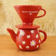 Kit Bule com Coador Filtro de Porcelana  Café Chá  – Vermelho Bem me quero Margaridas