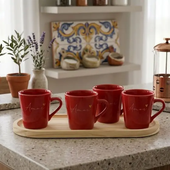 Jogo Kit 4 Canecas Xicaras Café Porcelana 120ml Vermelho  Amor Spot + Bandeja Oval