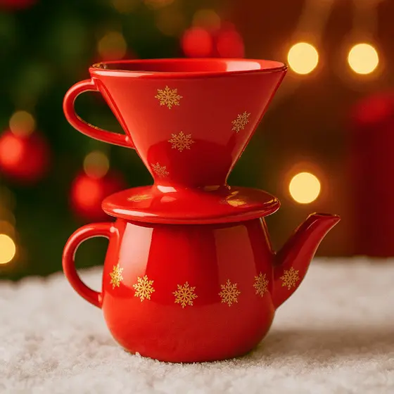 Kit Bule com Coador Filtro de Porcelana  Café Chá  – Vermelho com Flocos de Neve
