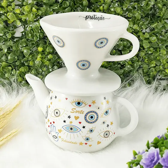 Kit Coador Filtro de Porcelana Bule De 500 ml Branco Olho Grego Mesa Café Mesa Posta
