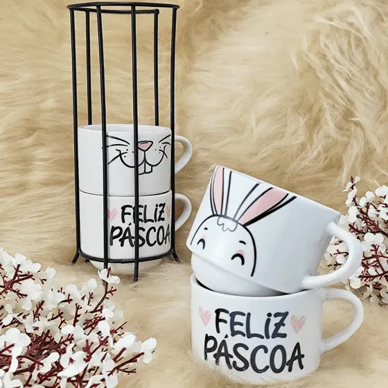 Kit 4 Xícaras Porcelana 210ml Páscoa com variação cor + Suporte