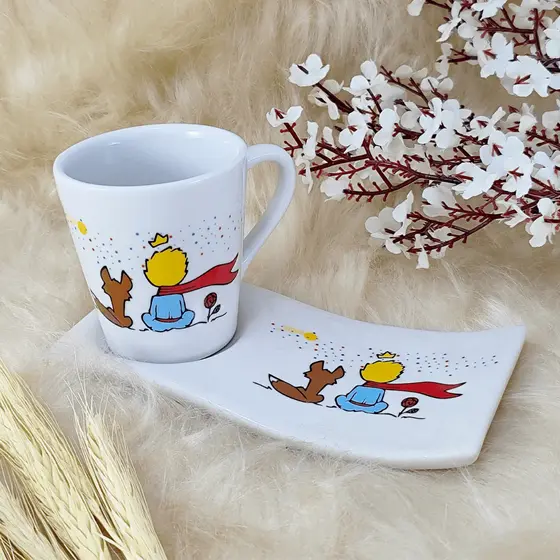 Kit Xícara Caneca Tulipa Porcelana 120ml Café/Chá + Pires Ondulado Pequeno Príncipe
