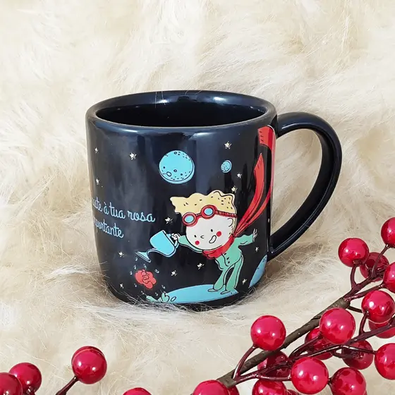 Caneca Porcelana 350ml Preta Club Pequeno Principe Café Chá Cappuccino