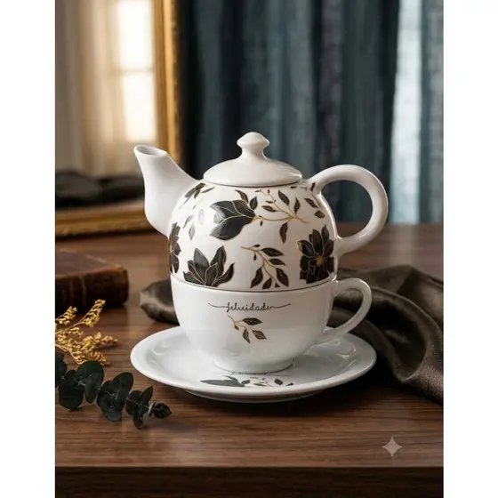 Kit de Chá Café Bule com tampa e Pires em Porcelana Felicidade  Floral