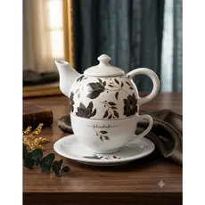 Kit de Chá Café Bule com tampa e Pires em Porcelana Felicidade Floral