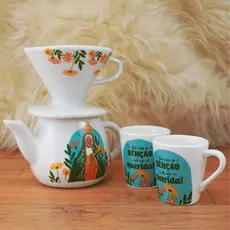 Kit Bule De 500 ml e Coador Filtro de Porcelana Branca Café Chá + 2 Xícaras 120ml Nossa Senhora Aparecida