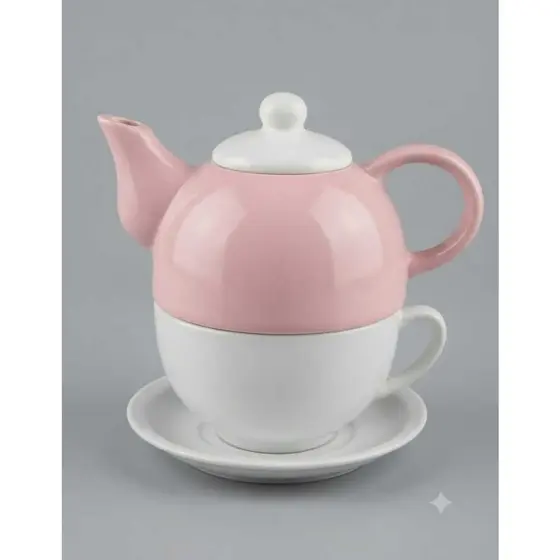 Kit de Chá Café Bule Bicolor com tampa e Pires em Porcelana Branco/Rosa Liso