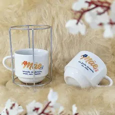 Kit 2 Xícaras Empilhável 210ml em Porcelana Branca com suporte café chá Mãe Frases Floral