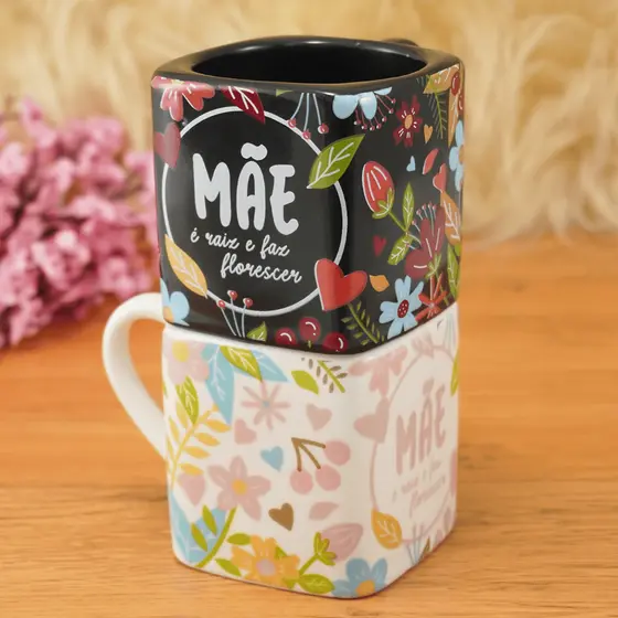 Caneca Quadrada Porcelana Chá Café  220ml Exclusiva Presente Mãe é Raiz Floral