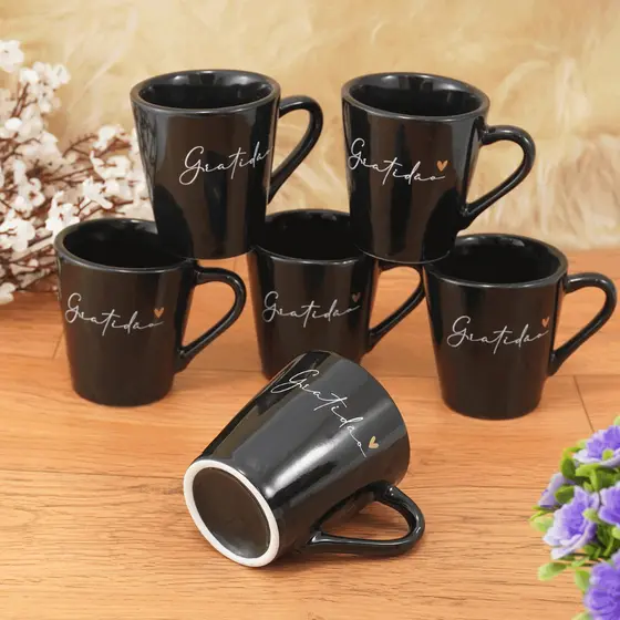 Jogo Xicaras Canecas Café Chá 120 ml Porcelana Preta Spot Gratidão