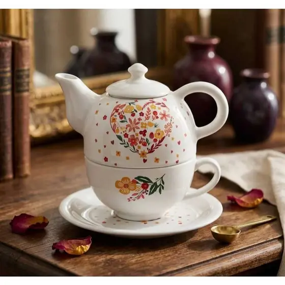 Kit de Chá Café Bule com tampa e Pires em Porcelana Coração Floral