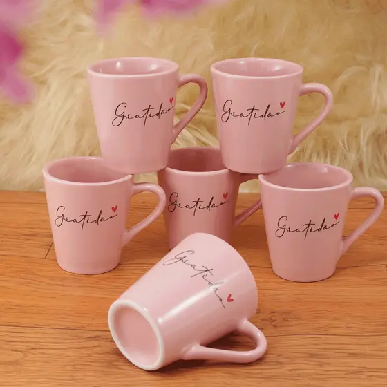 Jogo  Xícaras / Canecas Porcelana Café Chá 120 ml Gratidão Rosa Spot