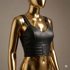 Cropped Alcinha Feminino Courino Couro Detalhe na Frente Com Bojo Confortável e Zíper nas Costas