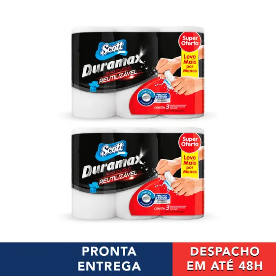 06 Unidades Duramax Scott Branco Pano Multiuso Rolo Reutilizável Lavável