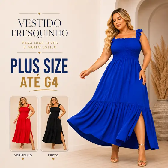 Vestido Plus Size Soltinho Lastex Alça Babado Moda Feminina Casual Evangélica Blogueira Tendencia Verão 2026 lastec Fend