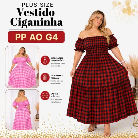 Vestido Xadrez Plus Size Festa Junina Lastex Soltinho Ciganinha Rodeio São João Promoção Elegante Country Tendencia 2026