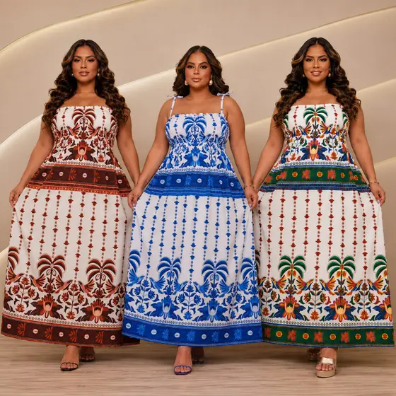 Vestido Longo Estampado Plus Size Alcinha Tomara Que Caia Tendencia Verão 2026 Midi Feminino Tropical Elastex Inspiração