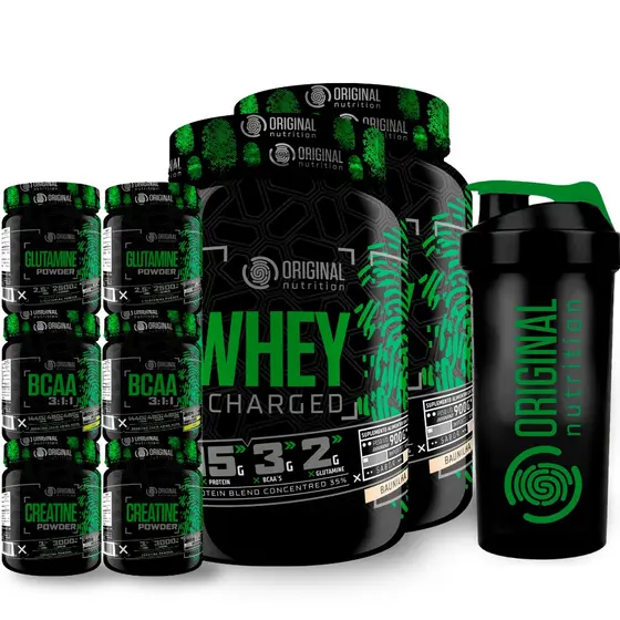 Kit 2x Whey Charged + 2x Gluta + 2x Bcaa + 2x Crea + Shaker