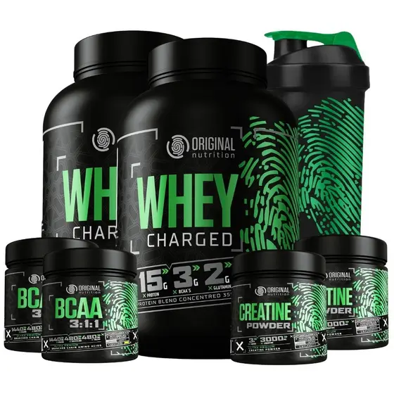 Kit 2x  Suplemento em pó Whey Protein Charged + 2 Bcaa + 2 Creatina + Shaker - Original