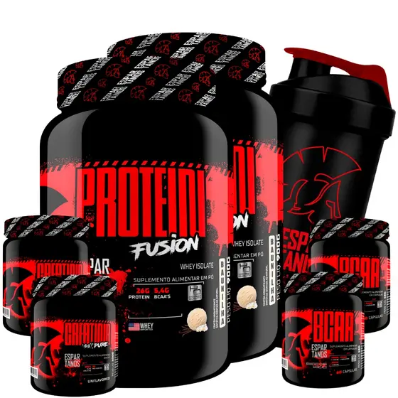 Kit 2x Whey Protein Fusion 900g + 2x Bcaa + 2x Creatina 100% + Coqueteleira - Espartanos