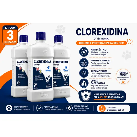 KIT C/3 UND SHAMPOO WORLD CLOREXDINA 500ML - USO VETERINARIO