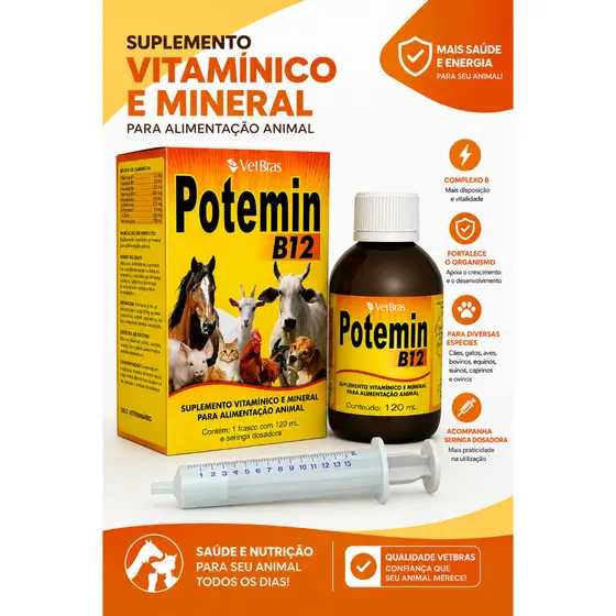 POTEMIN B12 SUPLEMENTO VITAMINICO E MINERAL 120ML VETBRAS - USO VET