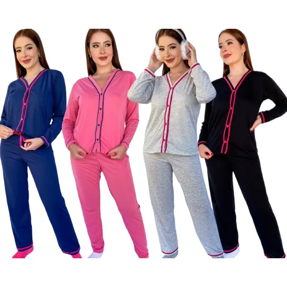 Pijama Feminino Inverno Longo Aberto Malha PV Premium Anti Peeling