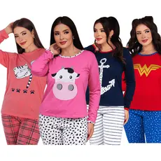 Pijama De Frio Feminino Longo Plus Size Estampado Desenhos P ao 54/Pijama Feminino Longo Confortável Inverno Malha Macia