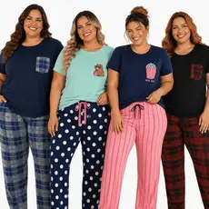 Pijama Feminino Longo Curto Meia Estação Camiseta e Calça Malha PV Antipeeling Xadrez Poá Capivara Plus Size