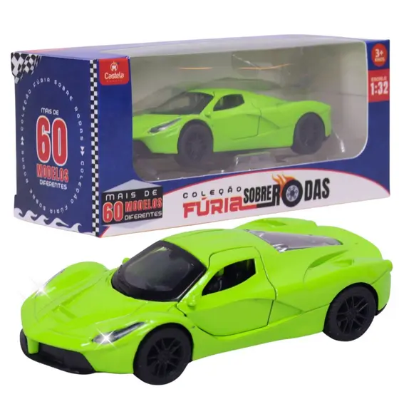 Carrinho Miniatura Verde C/ Som e Luz Pull Back 1:32 Castela