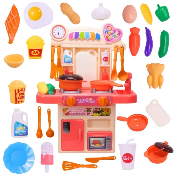 Kit Mini Cozinha Fogão Solta Água e Som Rosa 33 pçs Castela