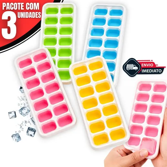 Kit 3 Formas de Gelo Silicone – Forma de Gelinho Cubo de Gelo com Tampa