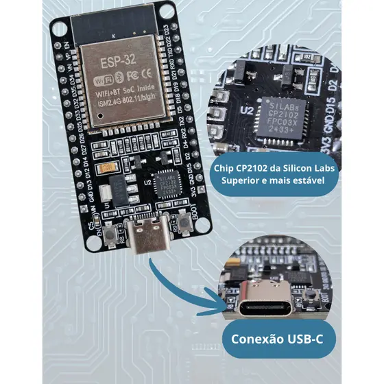 ESP32 WROOM32 DEV Módulo Microcontrolador Memória Placa USB-C 30Pinos