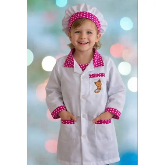 kit jaleco bordado infantil com touca e mascara