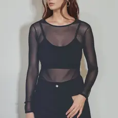 Gola redonda blusa de Tule manga longa Malha Transparent Sem Sutiã preta branca Marrom